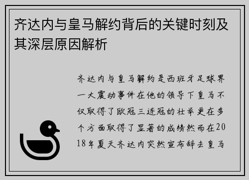 齐达内与皇马解约背后的关键时刻及其深层原因解析 齐达内与皇马解约背后的关键时刻及其深层原因解析
